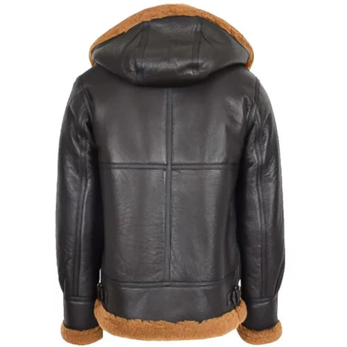 Man wearing the Men’s Edwardo Ginger B3 Bomber Jacket with Hood, featuring premium brown leather, soft shearling lining, and a classic aviator design for warmth and stylish winter wear.