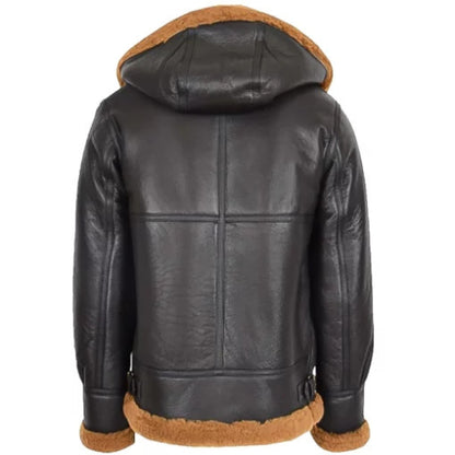 Man wearing the Men’s Edwardo Ginger B3 Bomber Jacket with Hood, featuring premium brown leather, soft shearling lining, and a classic aviator design for warmth and stylish winter wear.