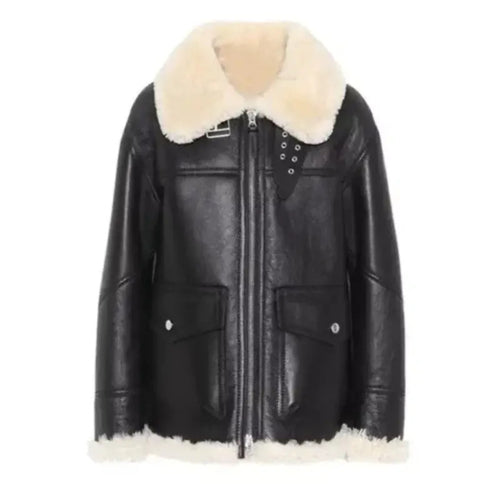 Woman wearing the Women’s Ivory Aviator Shearling Jacket featuring soft ivory leather, plush shearling lining, and a classic aviator design for a stylish and cozy winter look.