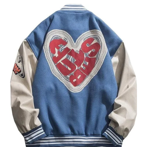 Foaming Love Letter Varsity Jacket featuring bold lettering design, premium fabric, and classic varsity styling for a trendy and confident streetwear look.