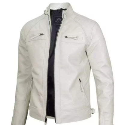 Men’s Classic Quilted Café Racer Leather Jacket featuring premium genuine leather, quilted shoulders, and a sleek biker design for a bold and timeless look.