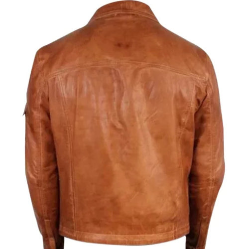 Men’s brown leather fashion jacket featuring premium genuine leather, classic heritage design, sleek zipper closure, and timeless vintage style for a refined modern look.