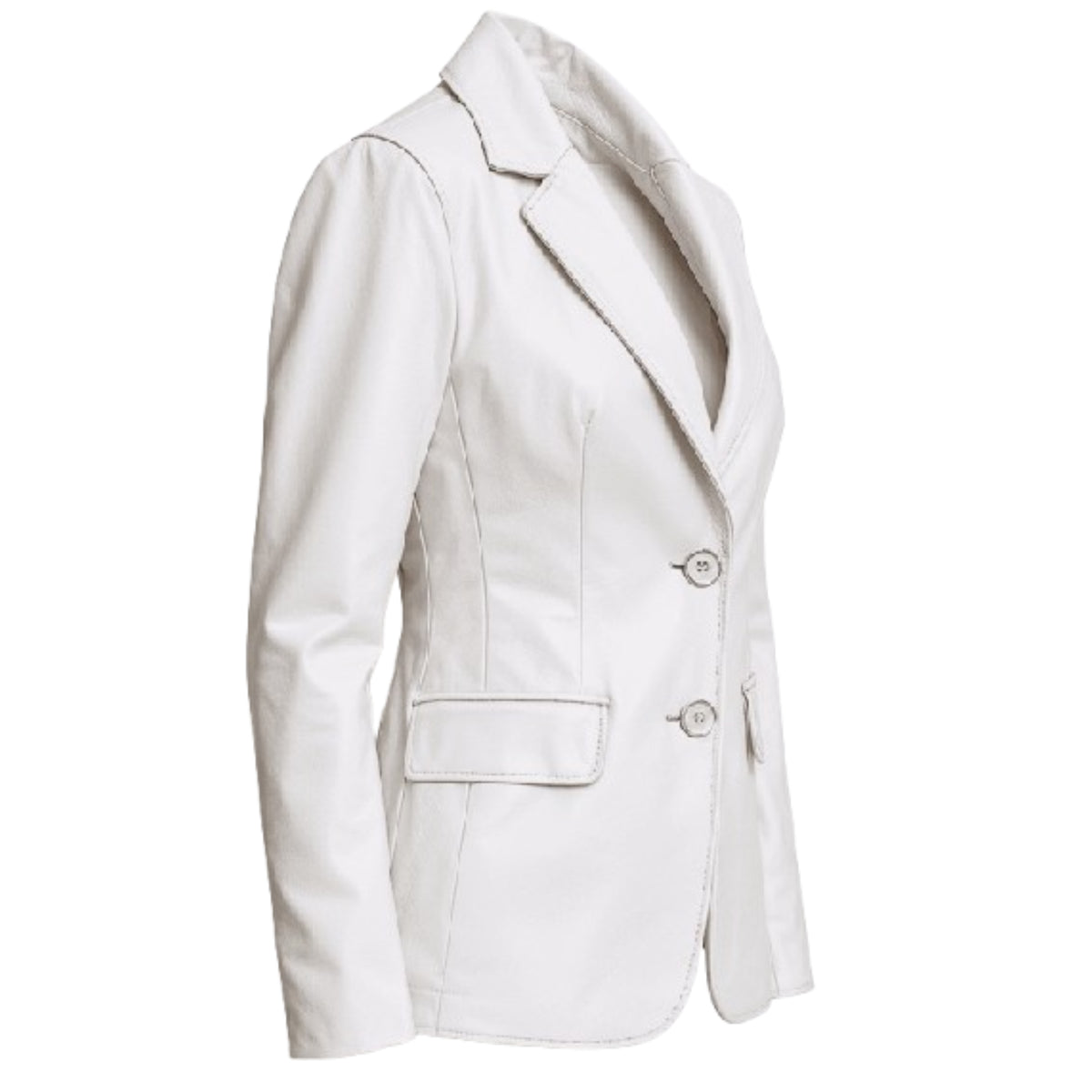 Women’s premium white lambskin leather two-button blazer with a sleek, elegant design.