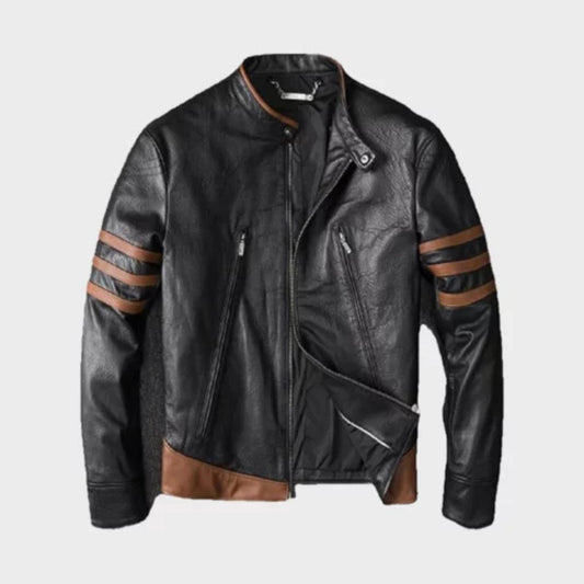 Men’s distressed brown leather Wolverine-inspired jacket featuring a rugged vintage style, durable leather texture, classic biker design, and masculine casual fashion look.