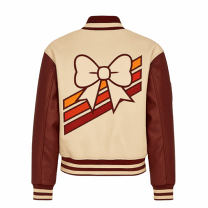 Unisex Beige V Patch Wool Varsity Leather Jacket featuring premium wool fabric, leather sleeves, and classic varsity detailing for a stylish and sophisticated streetwear look.