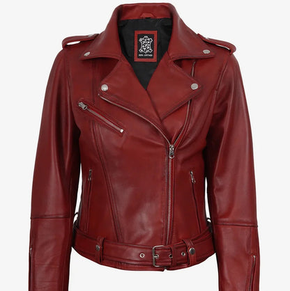 Margaret Women's Red Asymmetrical Biker Style Leather Jacket