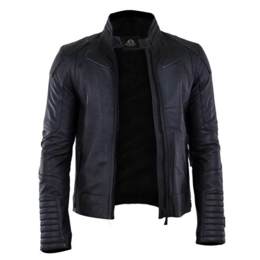Men wearing black padded leather jacket, perfect for biking