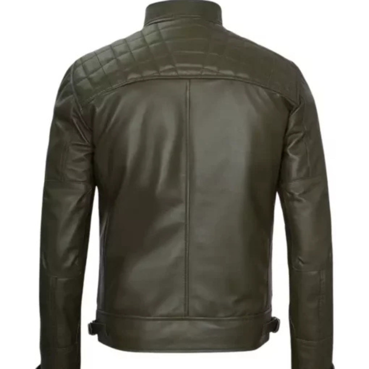 Men’s Green Cafe Racer Genuine Leather Biker Jacket – slim fit motorcycle style with front zipper, premium leather, and classic biker design.