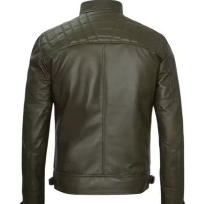 Men’s Green Cafe Racer Genuine Leather Biker Jacket – slim fit motorcycle style with front zipper, premium leather, and classic biker design.