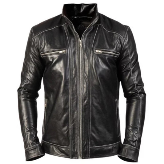 Men’s Hudson black biker jacket in classic leather motorcycle style