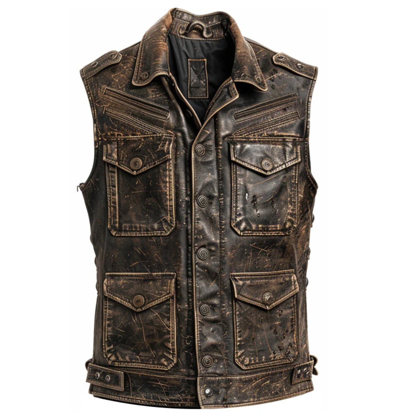 Men’s distressed brown leather vest with strap pockets in rugged vintage style.