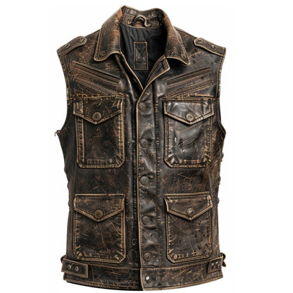 Men’s distressed brown leather vest with strap pockets in rugged vintage style.