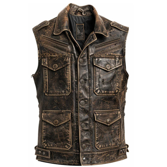 Men’s distressed brown leather vest with strap pockets in rugged vintage style.