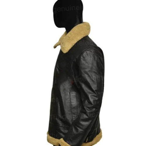 Man wearing the Men’s Aviator Black Jacket featuring premium black leather, classic flight-inspired design, and a warm shearling lining for a stylish and rugged look.