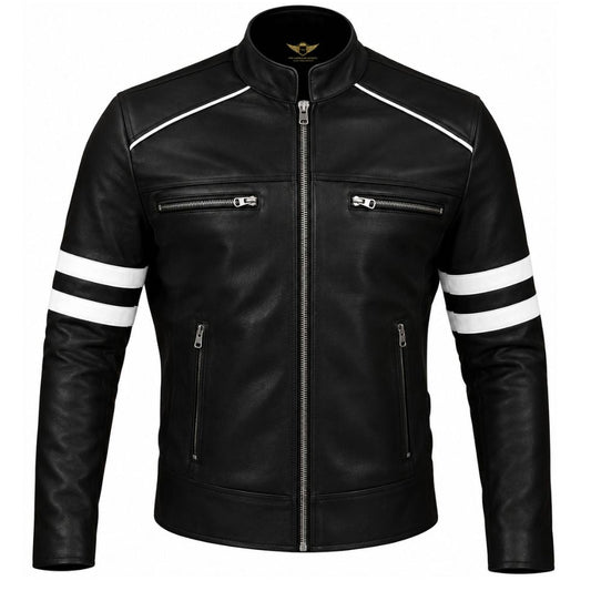 Men’s Black Café Racer Retro Leather Jacket – Classic Biker Style
