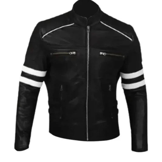 Men’s black café racer retro leather jacket with classic biker style