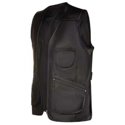 Men’s black cowhide leather vest in classic rugged style with front closure and pockets.