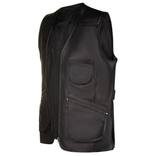 Men’s black cowhide leather vest in classic rugged style with front closure and pockets.