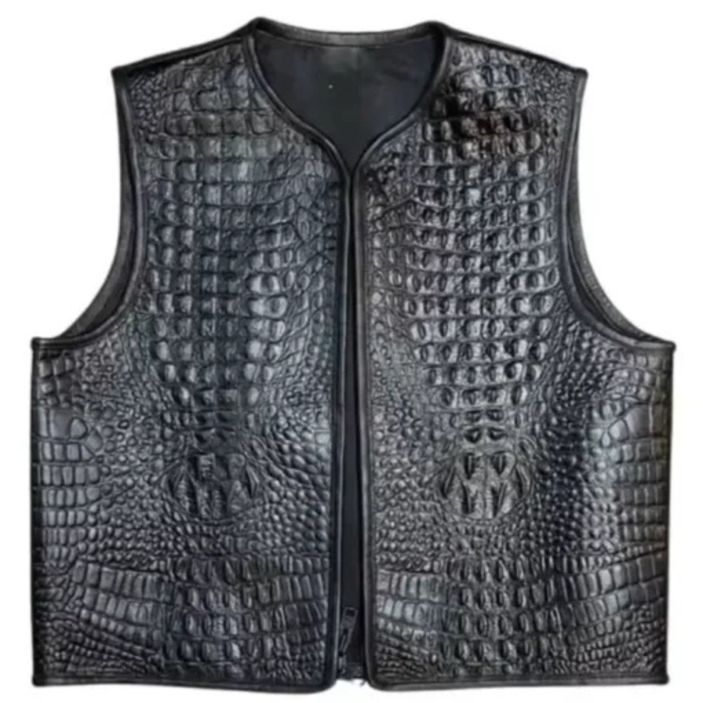 Men’s black embossed biker leather vest with rugged motorcycle design and front closure.