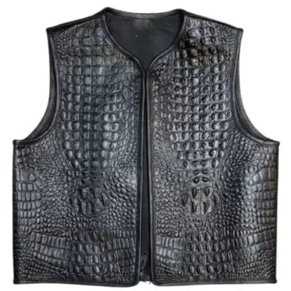 Men’s black embossed biker leather vest with rugged motorcycle design and front closure.