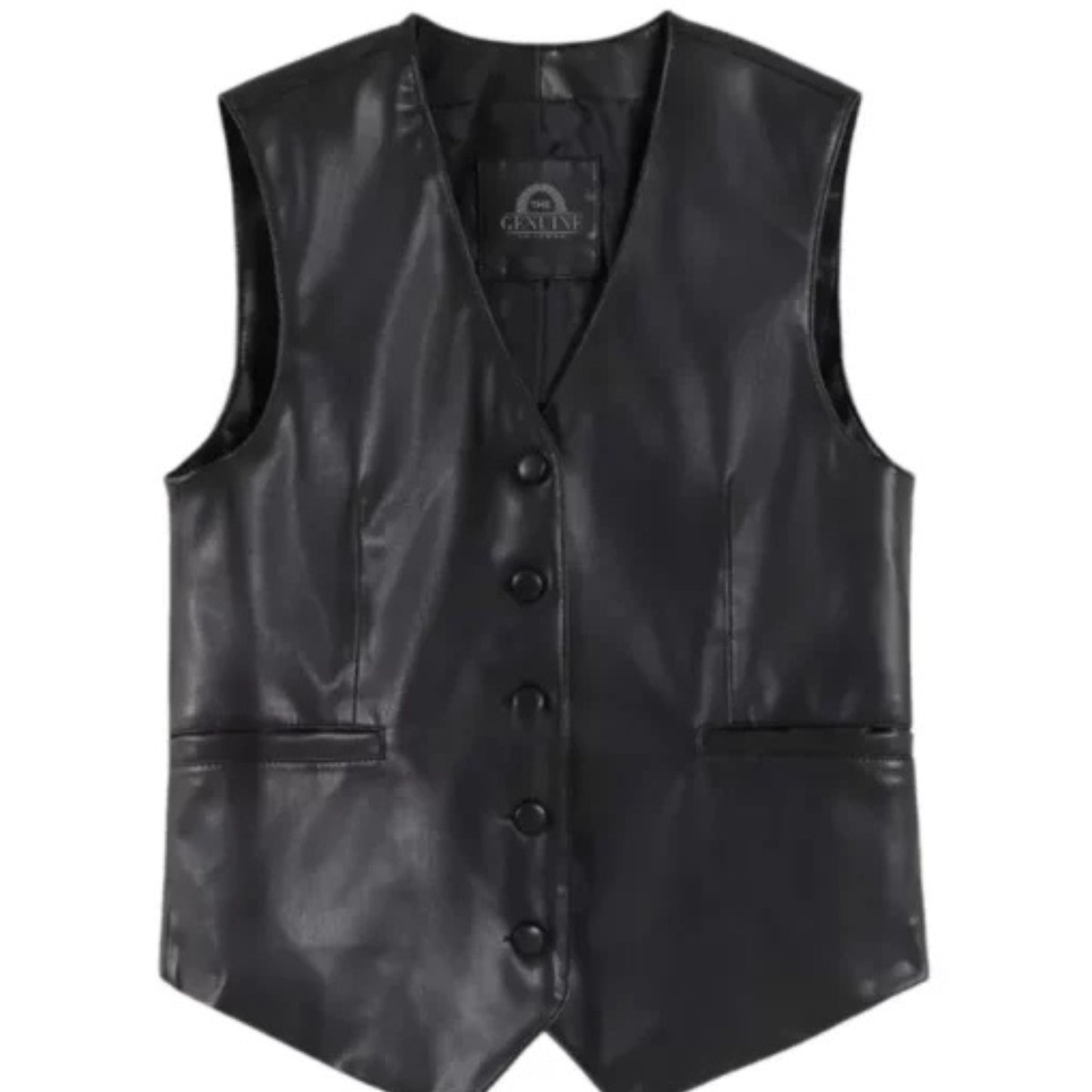 Men’s black faux leather vest with sleek modern design and tailored fit.