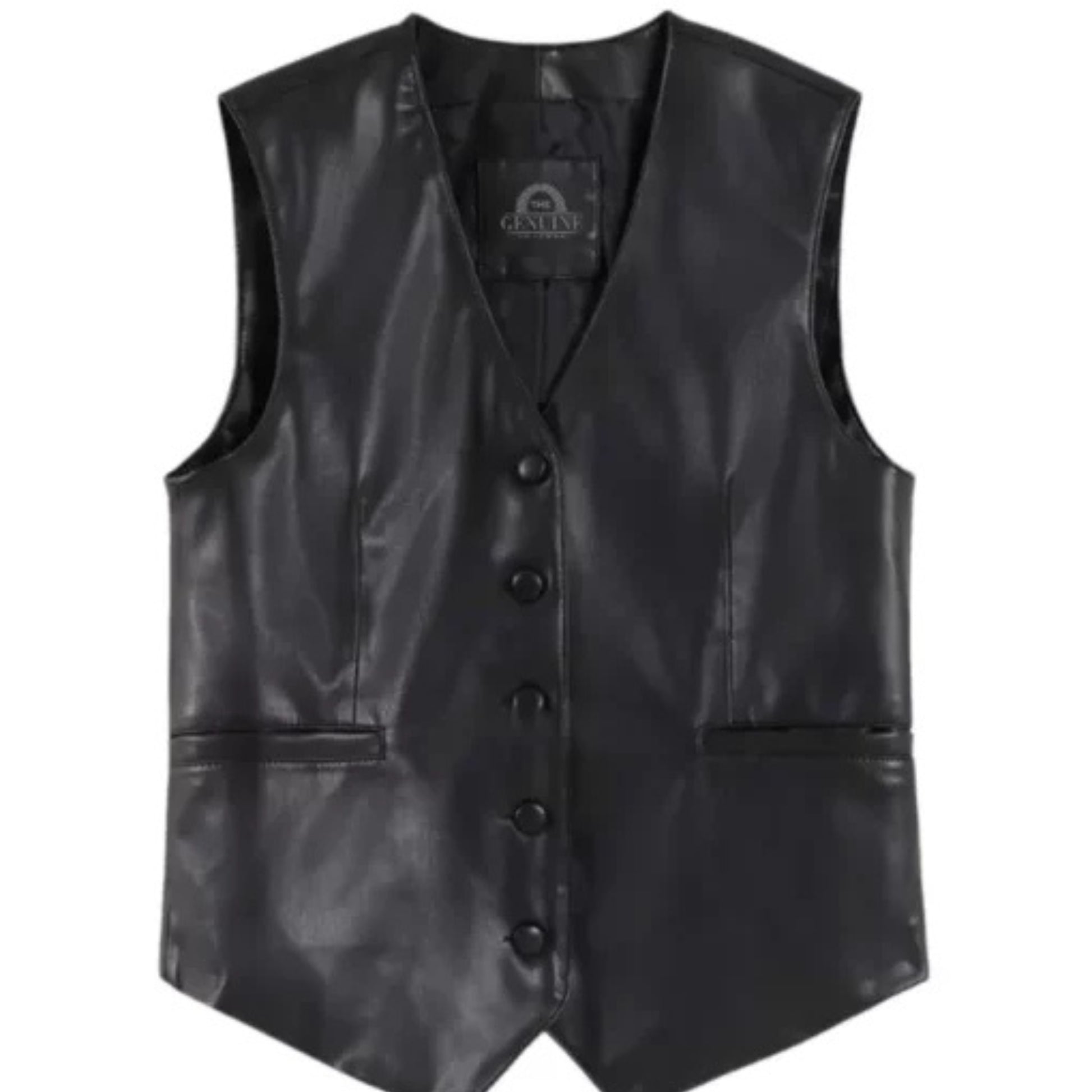 Men’s black faux leather vest with sleek modern design and tailored fit.
