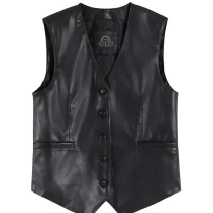 Men’s black faux leather vest with sleek modern design and tailored fit.