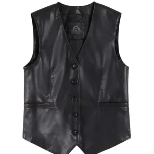 Men’s black faux leather vest with sleek modern design and tailored fit.