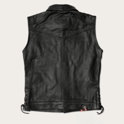 "Men’s black full-grain cowhide leather vest with rugged biker design"