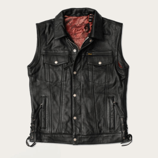 "Men’s black full-grain cowhide leather vest with rugged biker design"