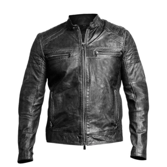 Men’s black genuine leather biker jacket in classic motorcycle style
