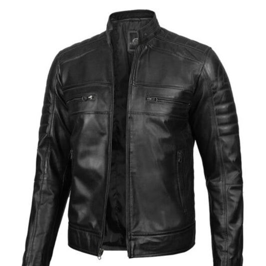 Man wearing men’s black lambskin leather café racer jacket