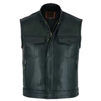 Men’s Black Leather Biker Vest – Rugged Motorcycle Style