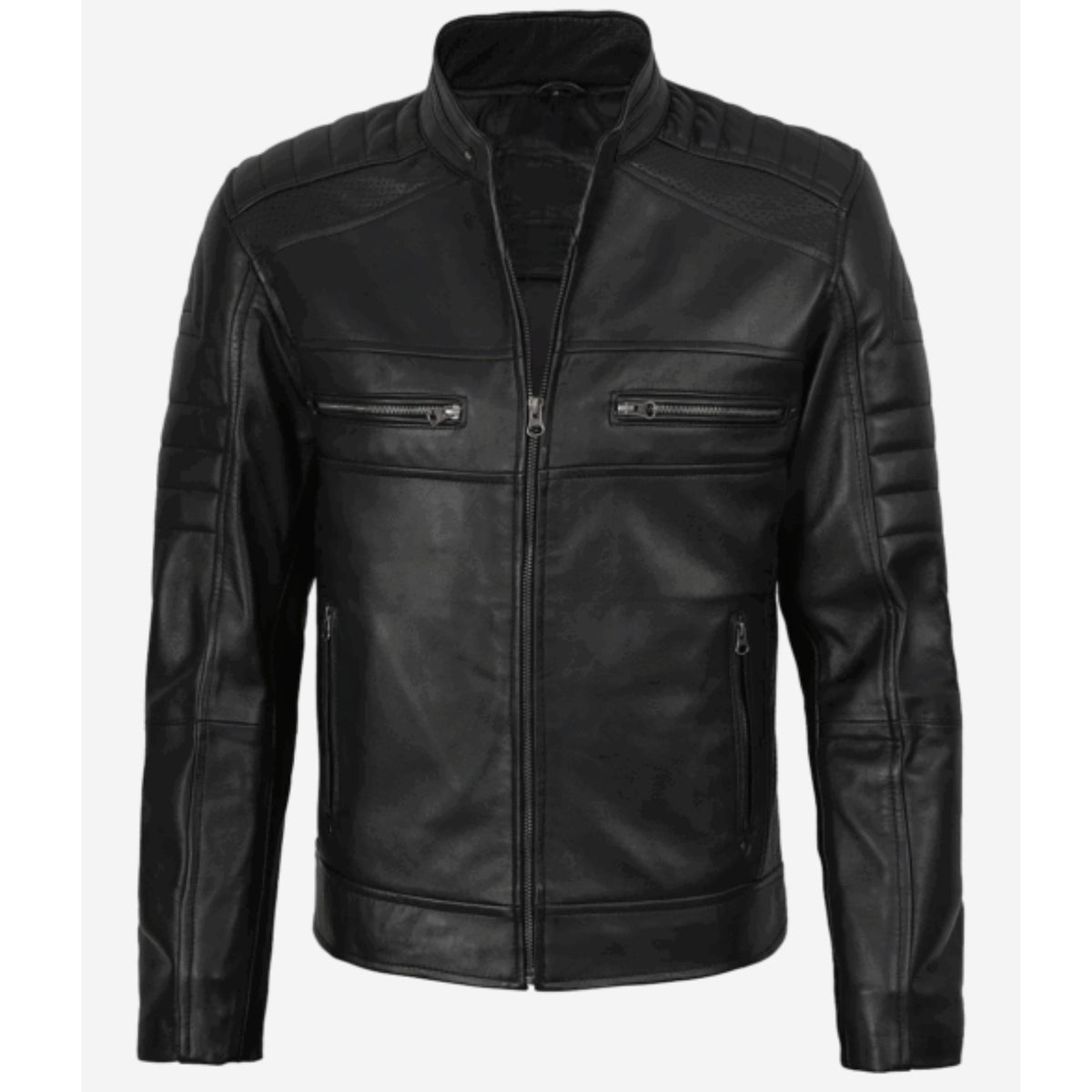 Man wearing men’s black leather café racer jacket