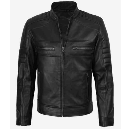 Man wearing men’s black leather café racer jacket