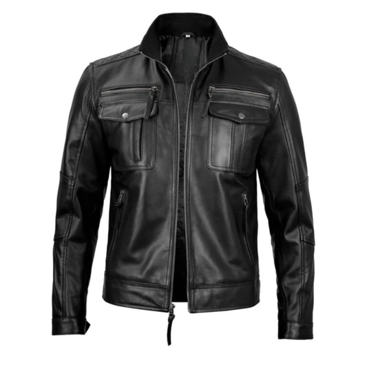 “Men’s black leather cafe racer jacket with classic biker style and zip details”