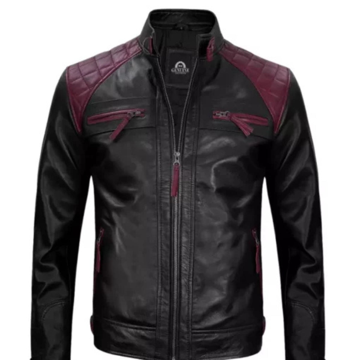 Men’s black and maroon cafe racer leather jacket in vintage motorcycle style