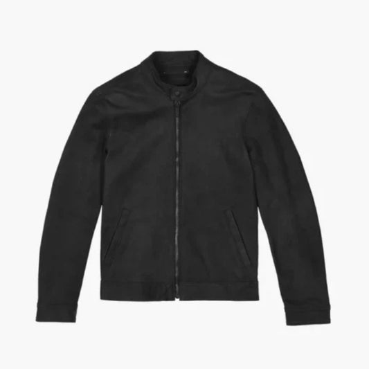 "Men’s black matte racer leather jacket with sleek biker style design"