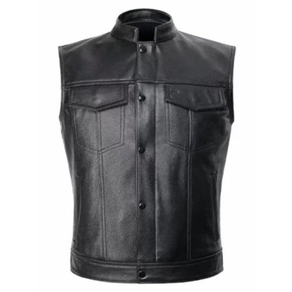Men’s black motorcycle biker leather vest with rugged riding design and front closure.