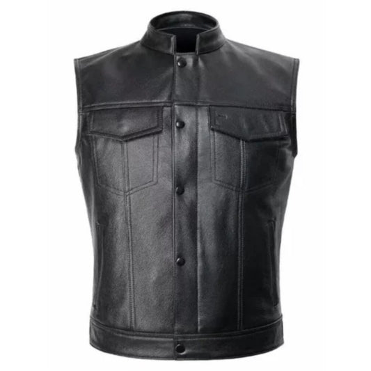 Men’s black motorcycle biker leather vest with rugged riding design and front closure.
