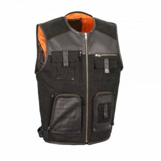 “Men’s black leather vest with multiple pockets, designed in a rugged utility style for a durable and stylish look.”