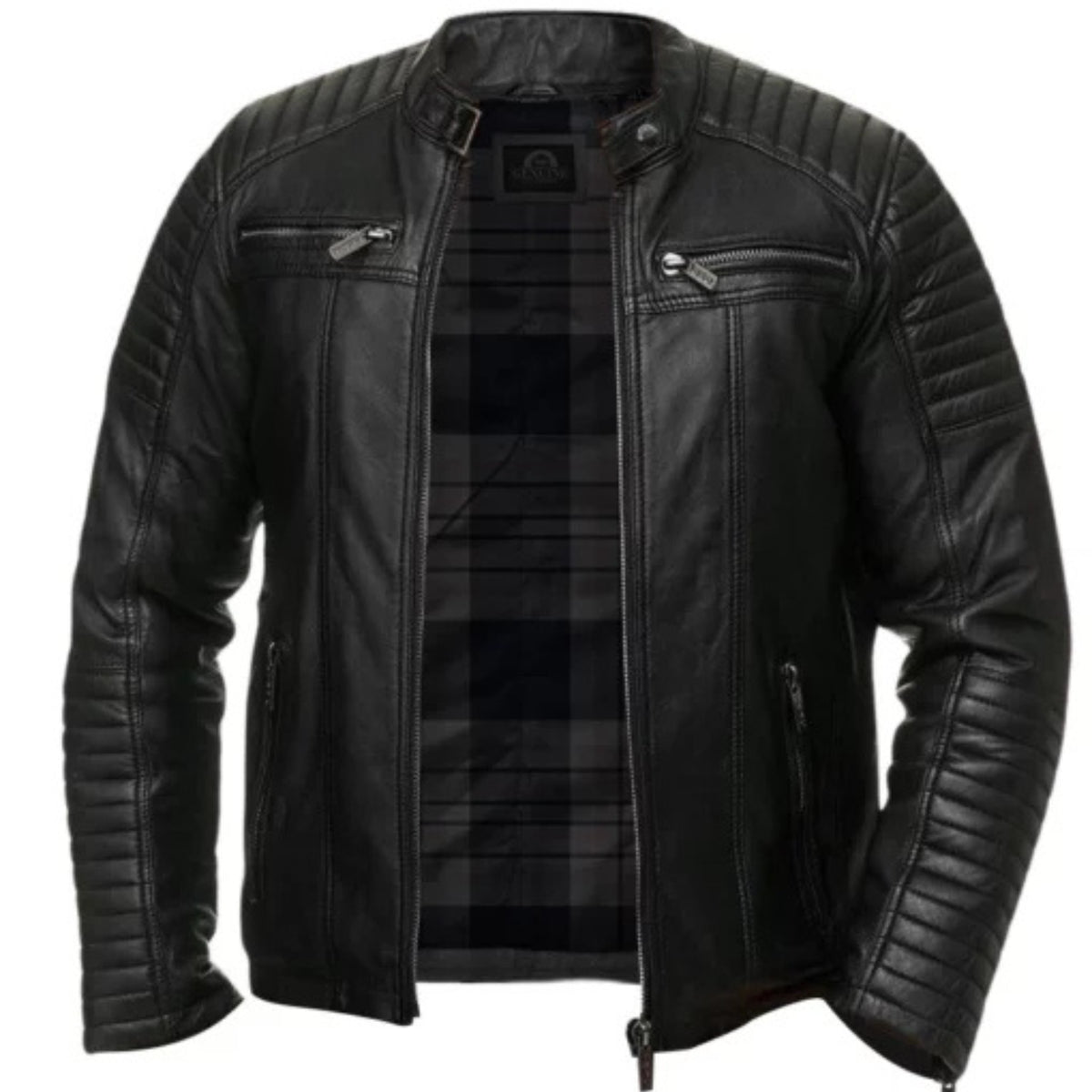 “Men’s black quilted motorcycle jacket, stylish and rugged outerwear for biking and casual wear”