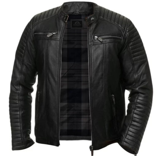 “Men’s black quilted motorcycle jacket, stylish and rugged outerwear for biking and casual wear”