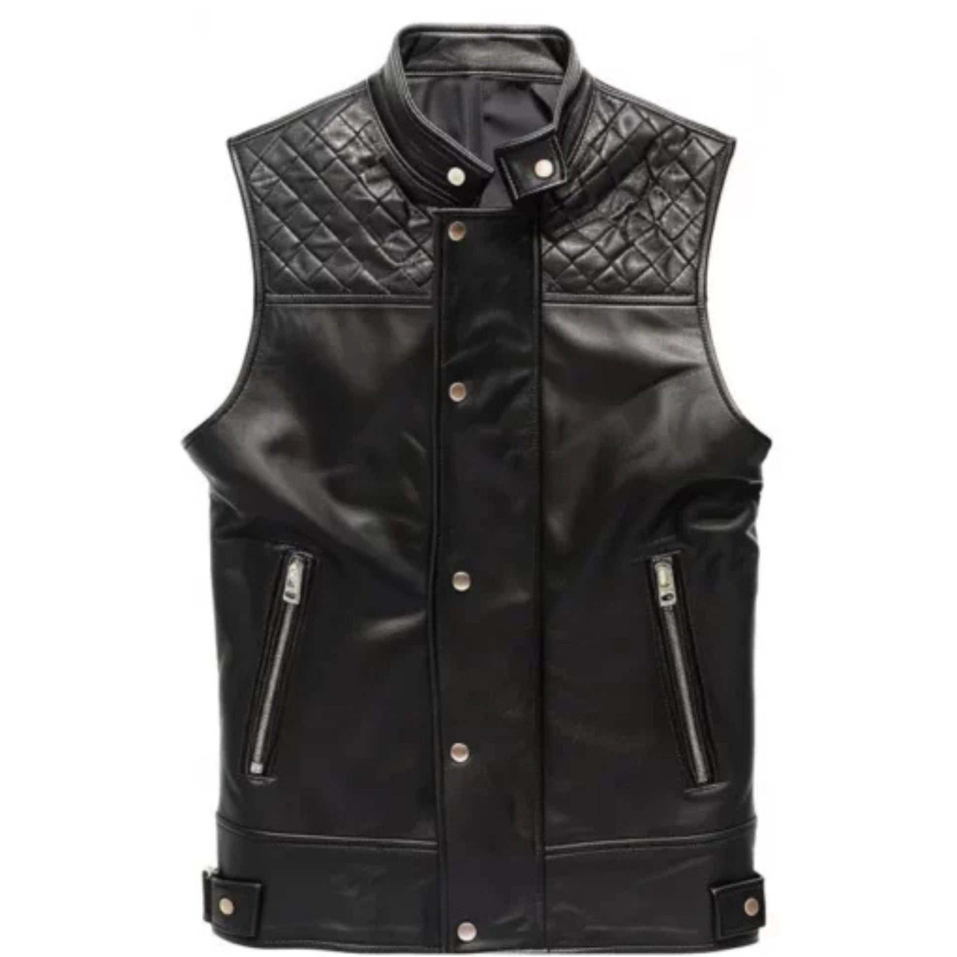Men’s black quilted leather vest with sleek modern fit and tailored design.