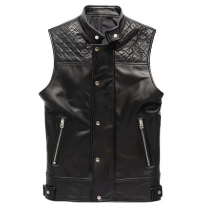 Men’s black quilted leather vest with sleek modern fit and tailored design.