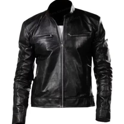 Men’s Black Retro Motorcycle Jacket with classic biker style, slim fit, front zipper, and vintage motorcycle design