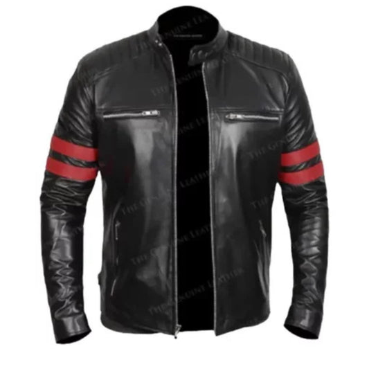 Men’s Black Retro Vintage Leather Jacket with classic biker design, front zipper, and timeless motorcycle style