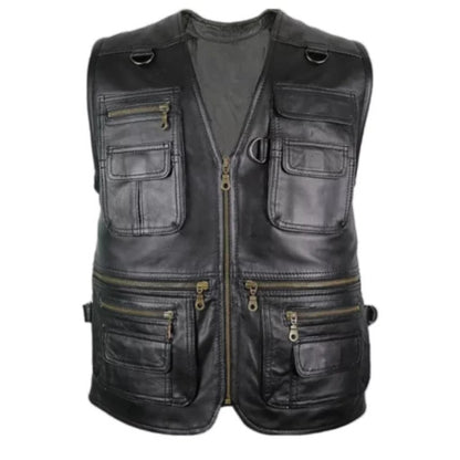 Men’s Black V-Neck Hunting Leather Vest