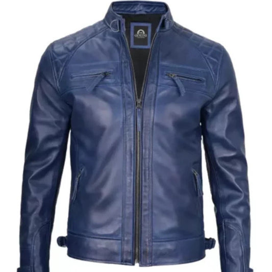“Men’s blue cafe racer leather jacket with slim fit and zipper details”