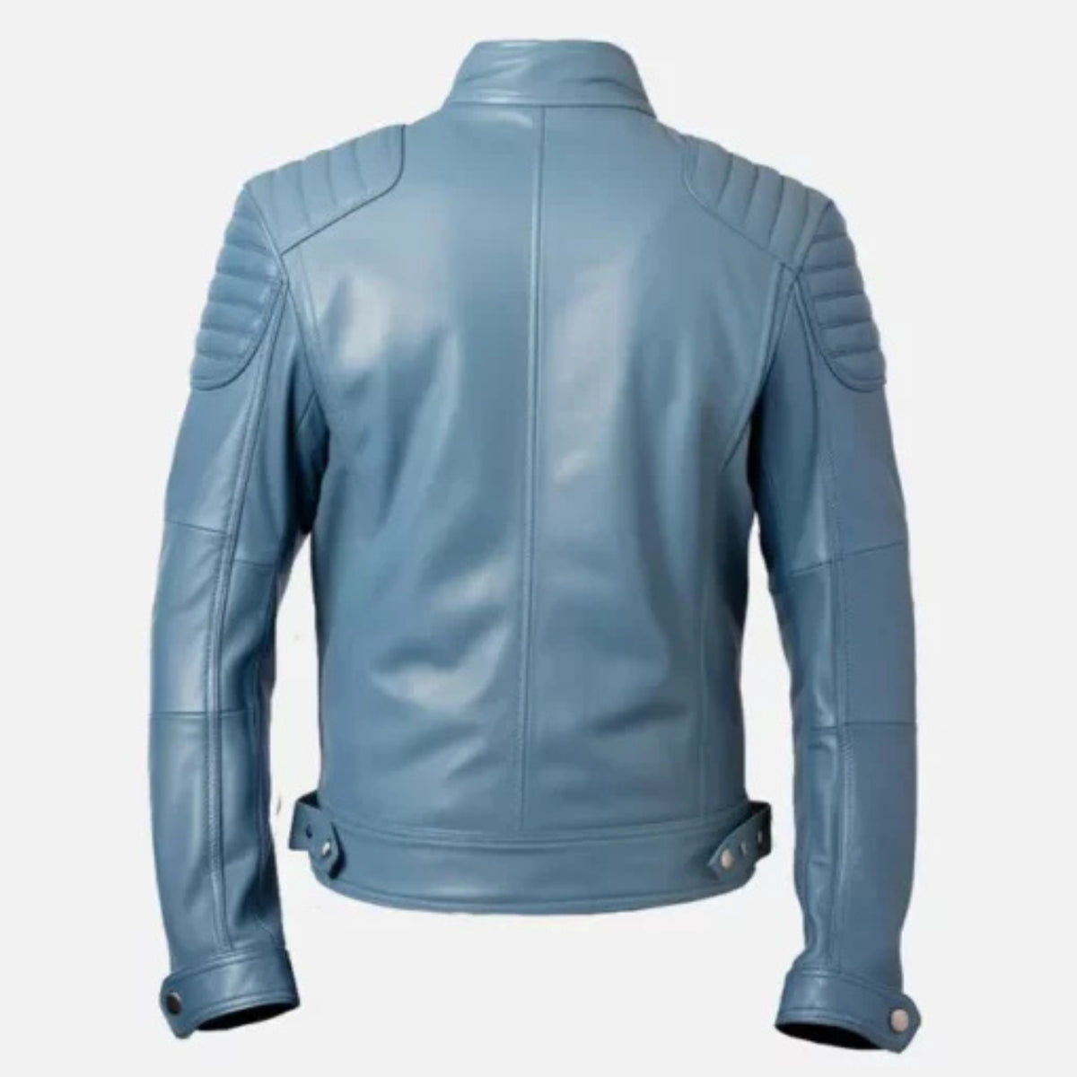 “Men’s blue cafe racer leather jacket with classic biker style and front zip closure”